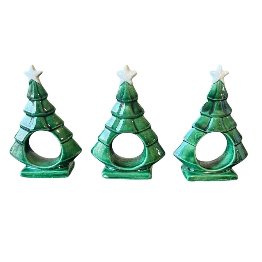 Set (3) Vtg Holiday Christmas Tree Ceramic Napkin Holders Rings- White Star 4.5"
